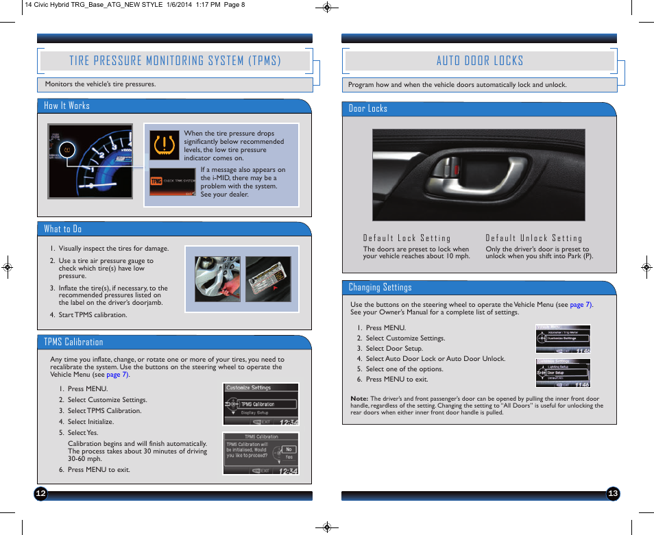 Tire pressure monitoring system (tpms), Auto door locks | HONDA 2014 Civic Hybrid - Technology Reference Guide User Manual | Page 8 / 19