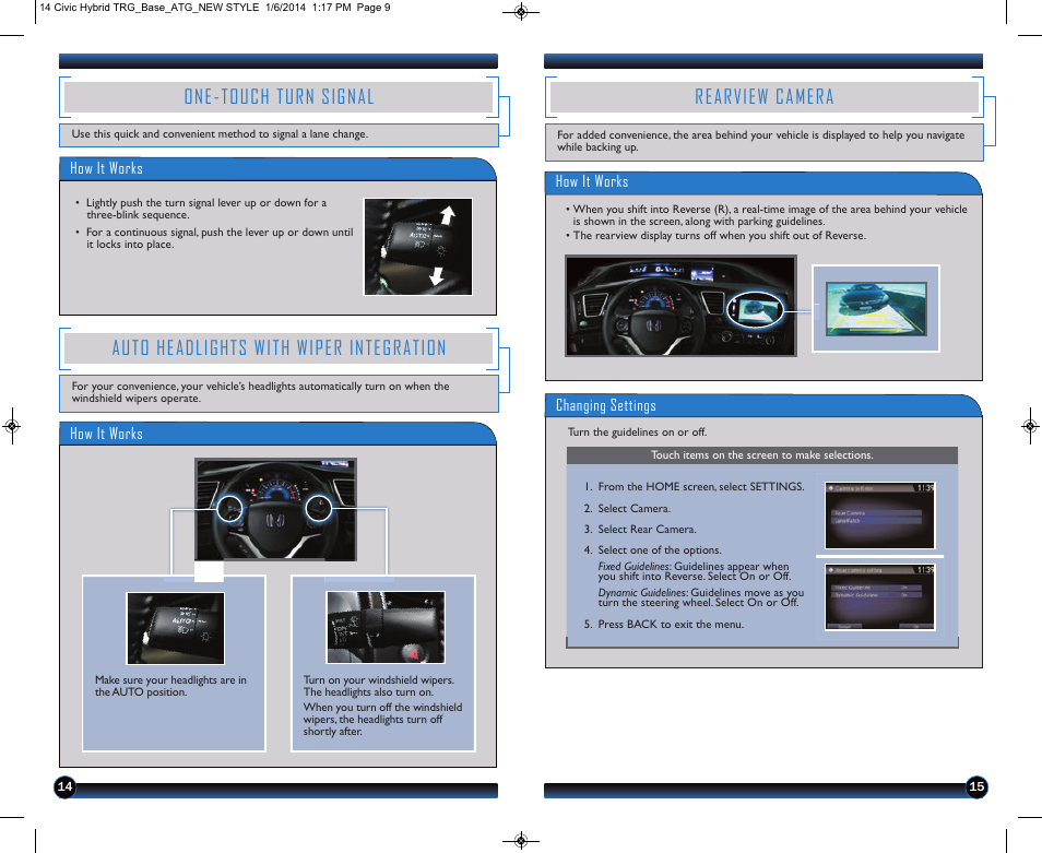 Auto headlights with wiper integration, One-touch turn signal, Rearview camera | HONDA 2014 Civic Hybrid - Technology Reference Guide User Manual | Page 9 / 19