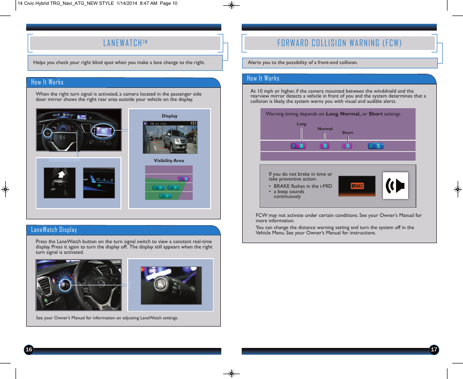 Lanewatch, Forward collision warning (fcw) | HONDA 2014 Civic Hybrid (with Navigation) - Technology Reference Guide User Manual | Page 10 / 23