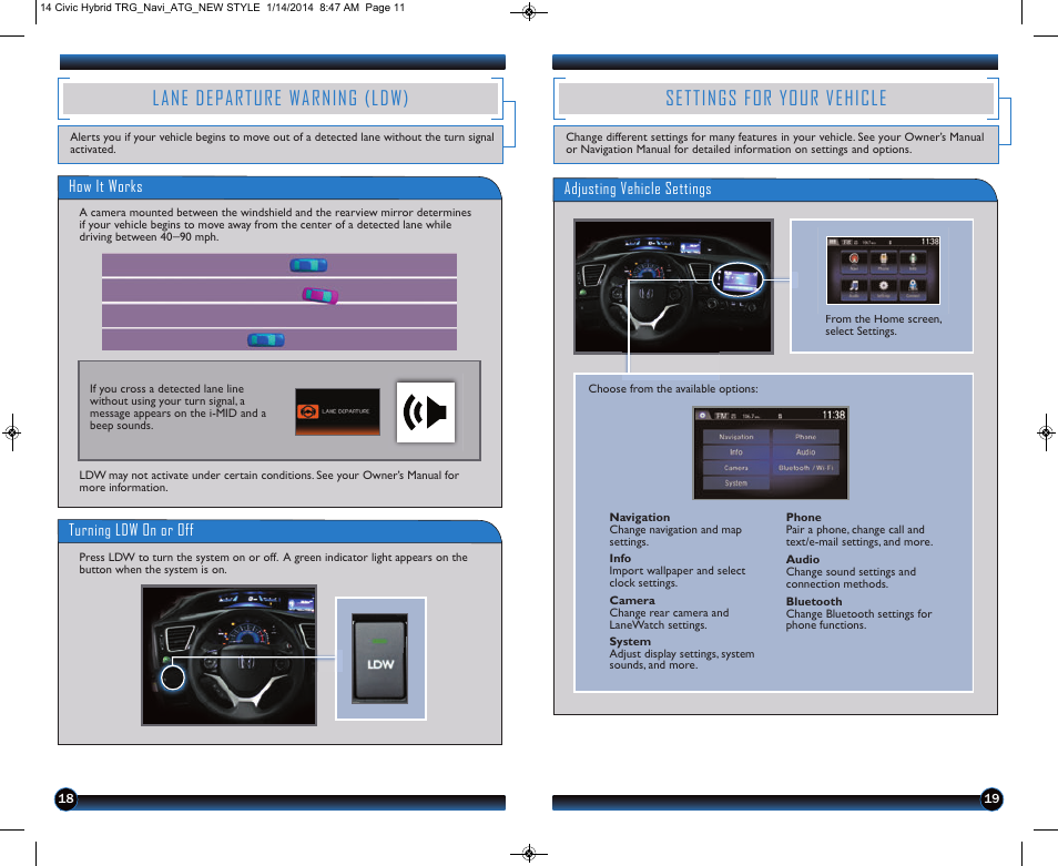 Lane departure warning (ldw), Settings for your vehicle | HONDA 2014 Civic Hybrid (with Navigation) - Technology Reference Guide User Manual | Page 11 / 23