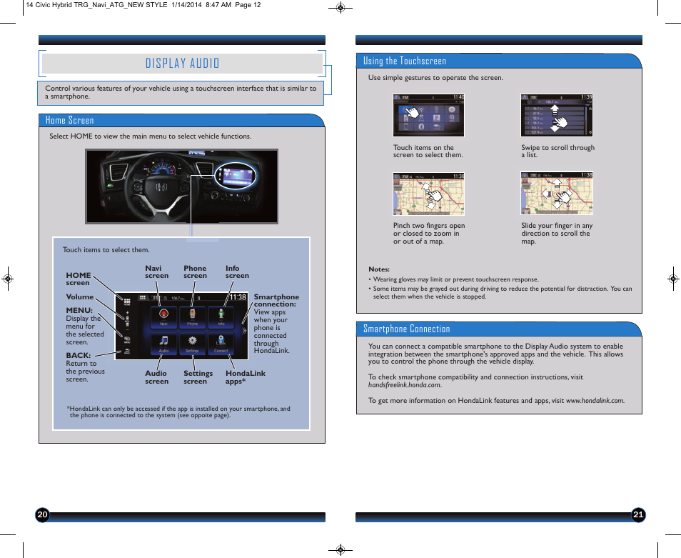 P.20, Display audio, Using the touchscreen | Smartphone connection, Home screen | HONDA 2014 Civic Hybrid (with Navigation) - Technology Reference Guide User Manual | Page 12 / 23