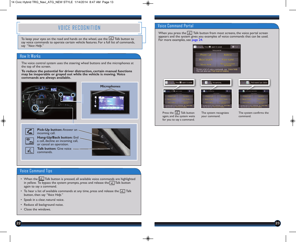 Voice recognition, Voice command portal, How it works | Voice command tips | HONDA 2014 Civic Hybrid (with Navigation) - Technology Reference Guide User Manual | Page 13 / 23