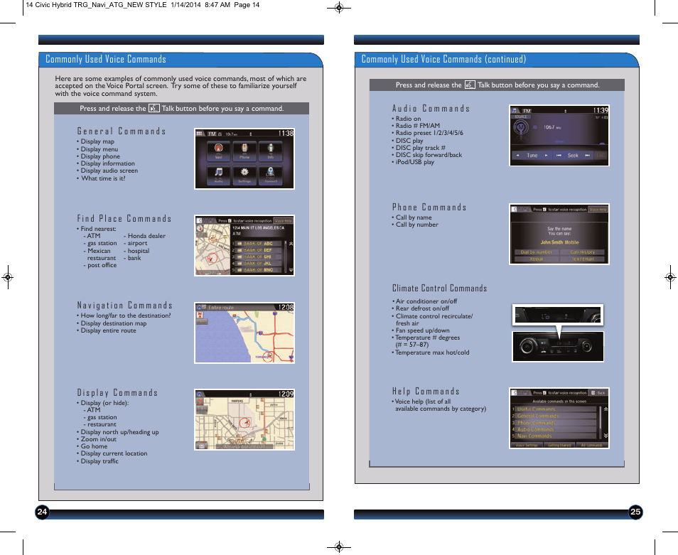 Commonly used voice commands (continued), Commonly used voice commands | HONDA 2014 Civic Hybrid (with Navigation) - Technology Reference Guide User Manual | Page 14 / 23