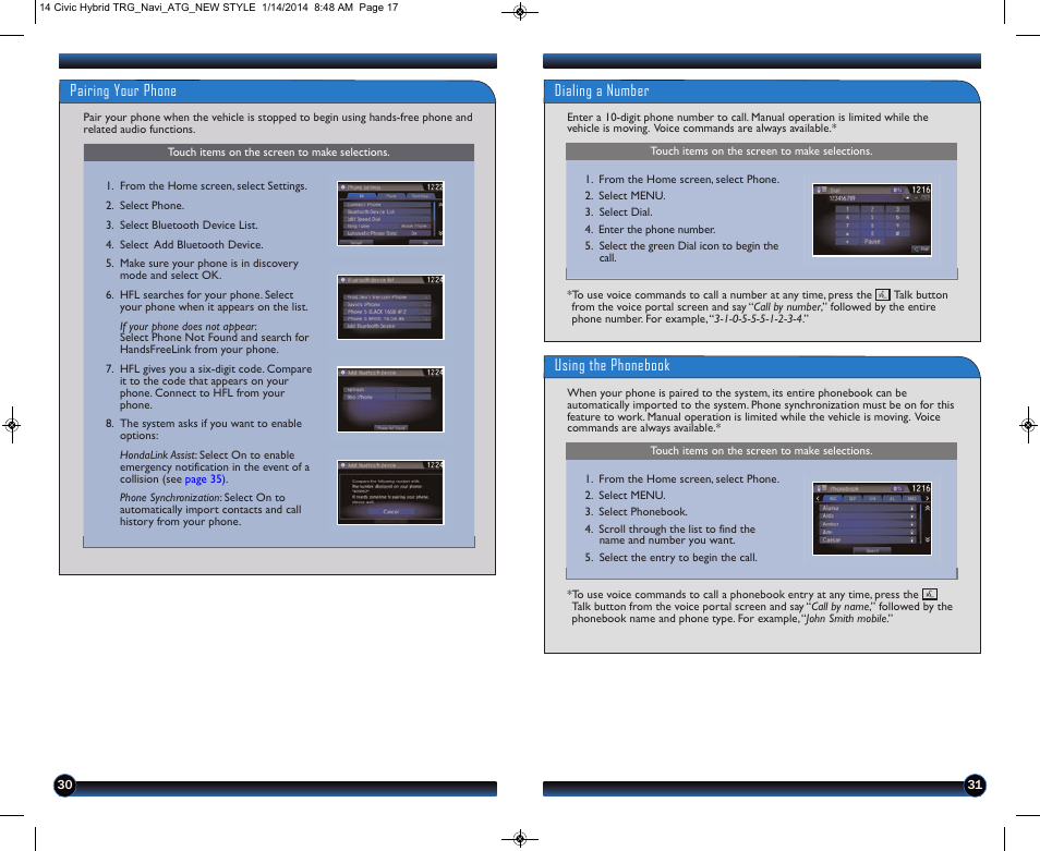 Dialing a number, Using the phonebook, Pairing your phone | HONDA 2014 Civic Hybrid (with Navigation) - Technology Reference Guide User Manual | Page 17 / 23