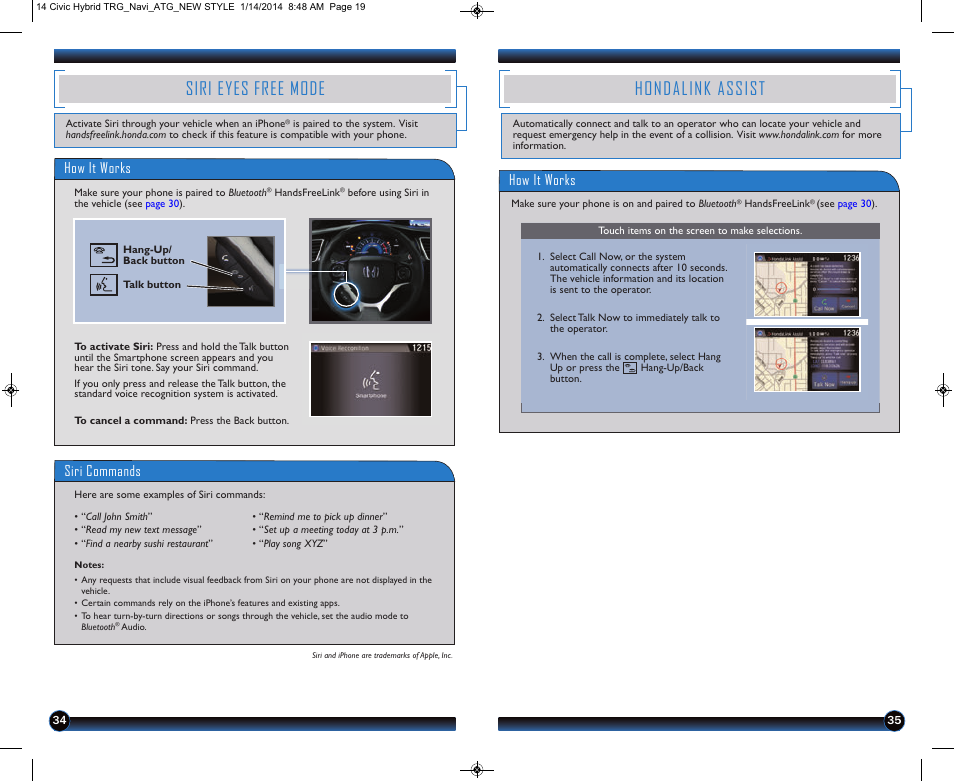 Hondalink assist, Siri eyes free mode, How it works | Siri commands | HONDA 2014 Civic Hybrid (with Navigation) - Technology Reference Guide User Manual | Page 19 / 23