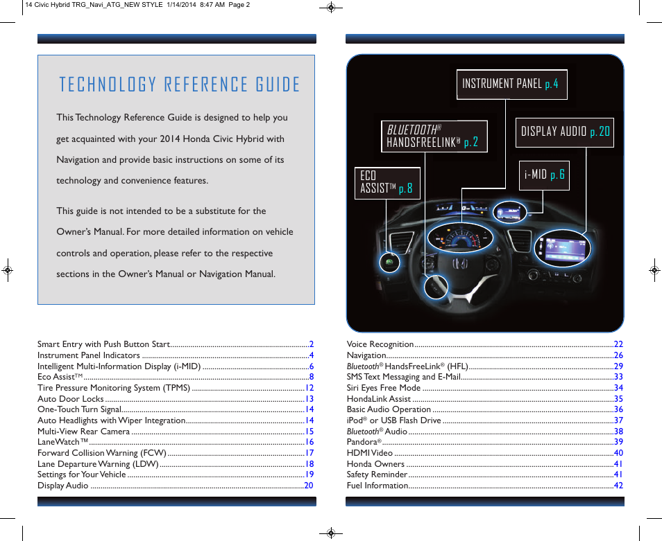 Technology reference guide, Eco assist, P.8 bluetooth | Handsfreelink p | HONDA 2014 Civic Hybrid (with Navigation) - Technology Reference Guide User Manual | Page 2 / 23