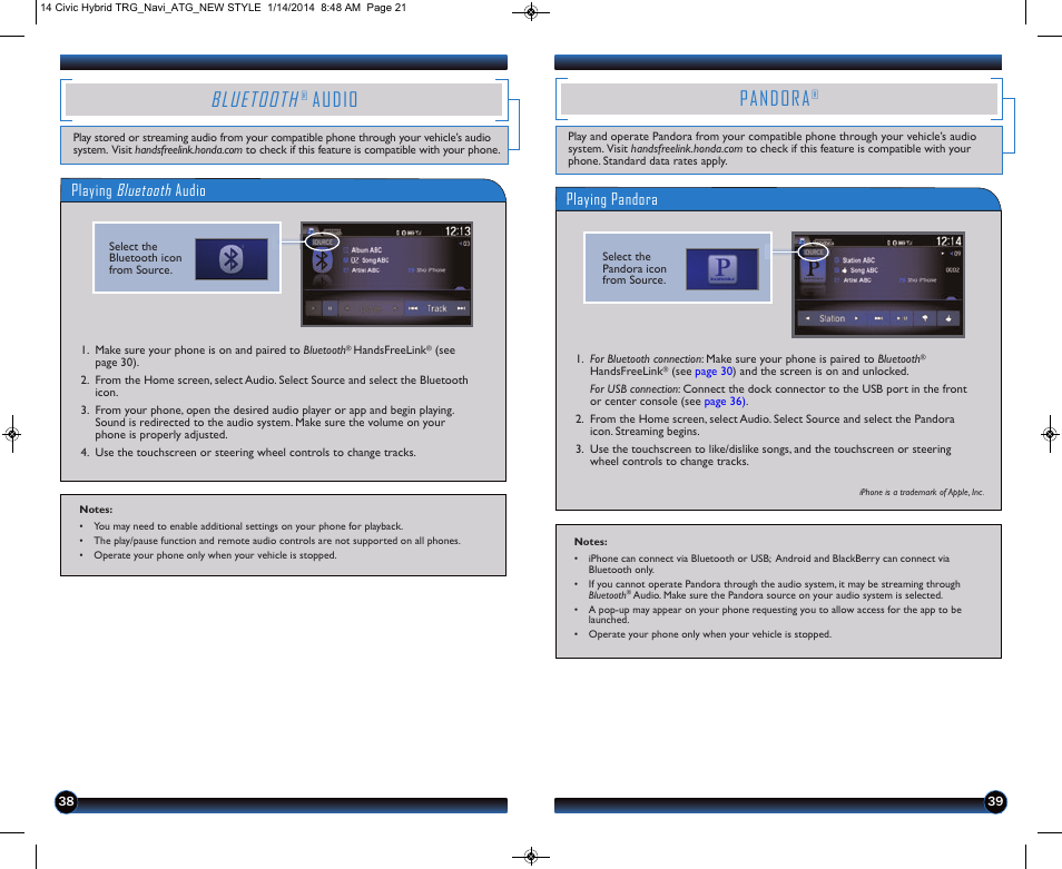 Pandora, Bluetooth, Audio | Playing pandora, Playing bluetooth audio | HONDA 2014 Civic Hybrid (with Navigation) - Technology Reference Guide User Manual | Page 21 / 23