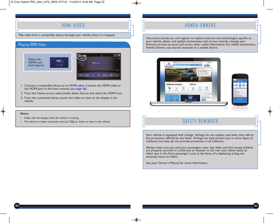 Honda owners, Safety reminder, Hdmi video | HONDA 2014 Civic Hybrid (with Navigation) - Technology Reference Guide User Manual | Page 22 / 23