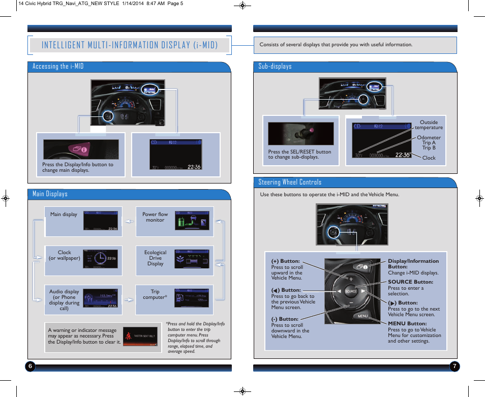 Intelligent multi-information display (i-mid), Main displays sub-displays, Accessing the i-mid | Steering wheel controls | HONDA 2014 Civic Hybrid (with Navigation) - Technology Reference Guide User Manual | Page 5 / 23