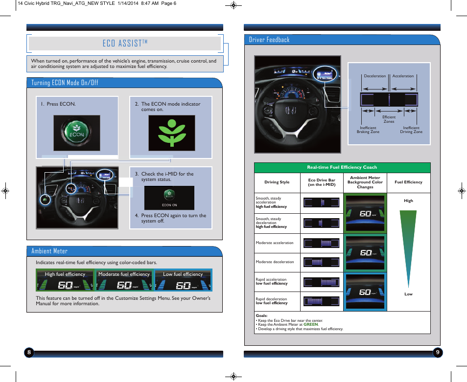 Eco assist, Ambient meter, Turning econ mode on/off | Driver feedback | HONDA 2014 Civic Hybrid (with Navigation) - Technology Reference Guide User Manual | Page 6 / 23