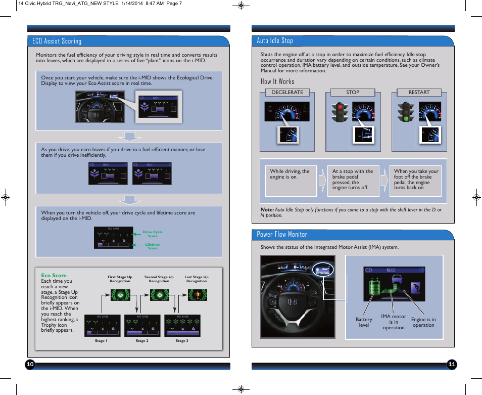 Eco assist scoring, Auto idle stop, Power flow monitor how it works | HONDA 2014 Civic Hybrid (with Navigation) - Technology Reference Guide User Manual | Page 7 / 23