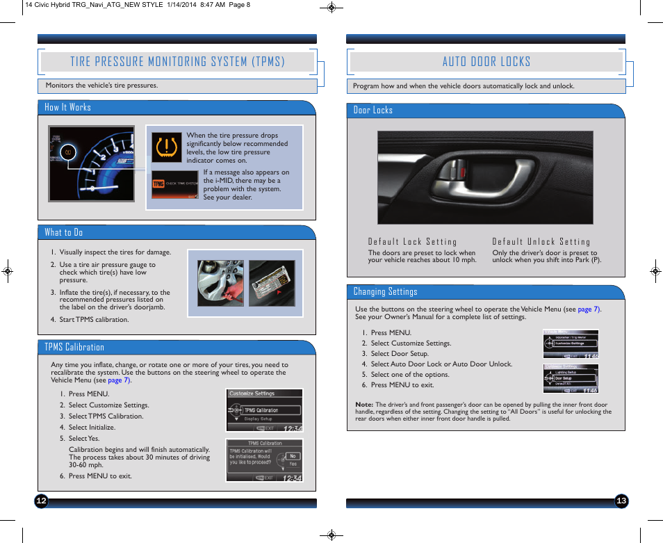 Tire pressure monitoring system (tpms), Auto door locks | HONDA 2014 Civic Hybrid (with Navigation) - Technology Reference Guide User Manual | Page 8 / 23