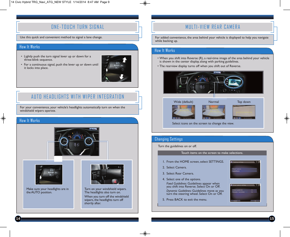 Auto headlights with wiper integration, One-touch turn signal, Multi-view rear camera | HONDA 2014 Civic Hybrid (with Navigation) - Technology Reference Guide User Manual | Page 9 / 23