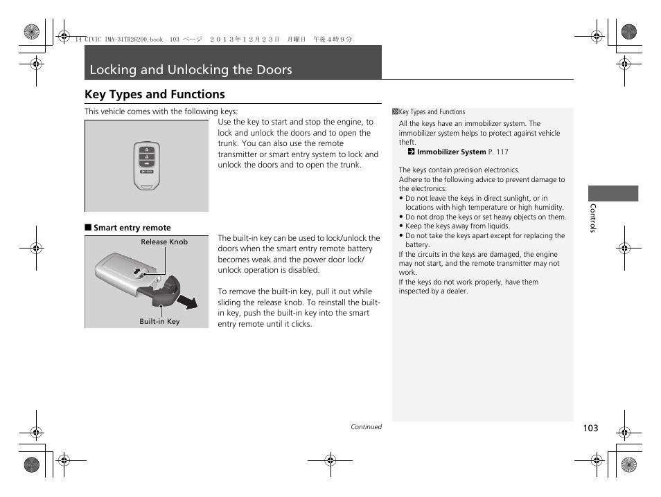 Locking and unlocking the doors p. 103, Locking and unlocking the doors, Key types and functions | HONDA 2014 Civic Hybrid - Owner's Manual User Manual | Page 104 / 377