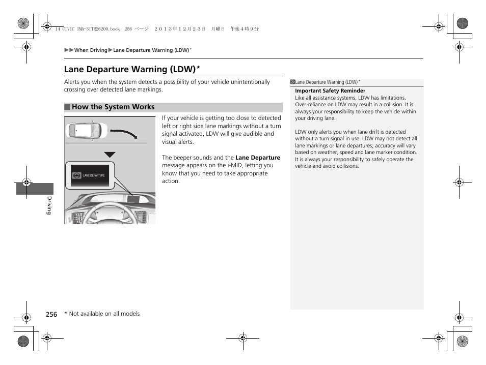 Lane departure warning (ldw), P. 256 | HONDA 2014 Civic Hybrid - Owner's Manual User Manual | Page 257 / 377