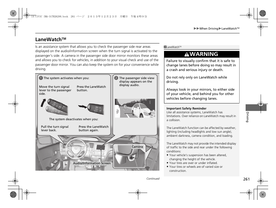 P261, Lanewatch, Warning | HONDA 2014 Civic Hybrid - Owner's Manual User Manual | Page 262 / 377