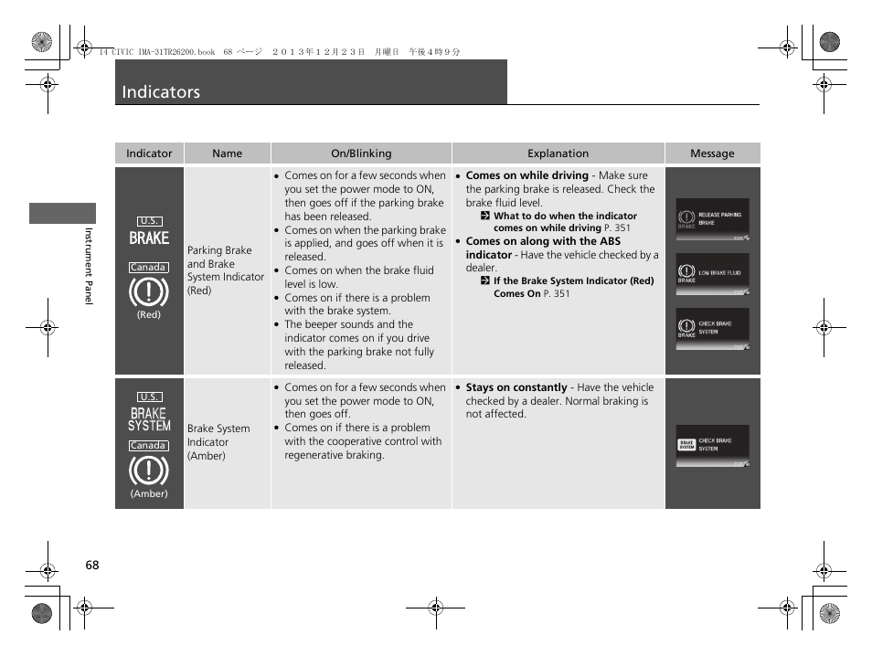 Indicators p. 68, Indicators | HONDA 2014 Civic Hybrid - Owner's Manual User Manual | Page 69 / 377