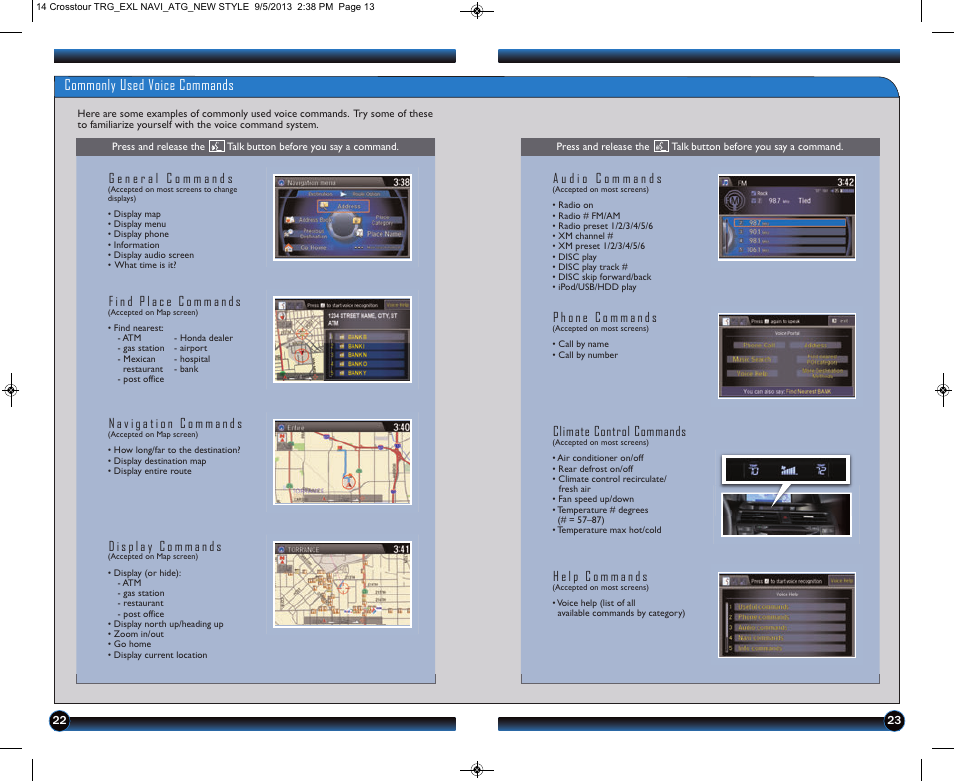 Commonly used voice commands, Climate control commands | HONDA 2014 Crosstour (EX-L with Navigation) - Technology Reference Guide User Manual | Page 13 / 22