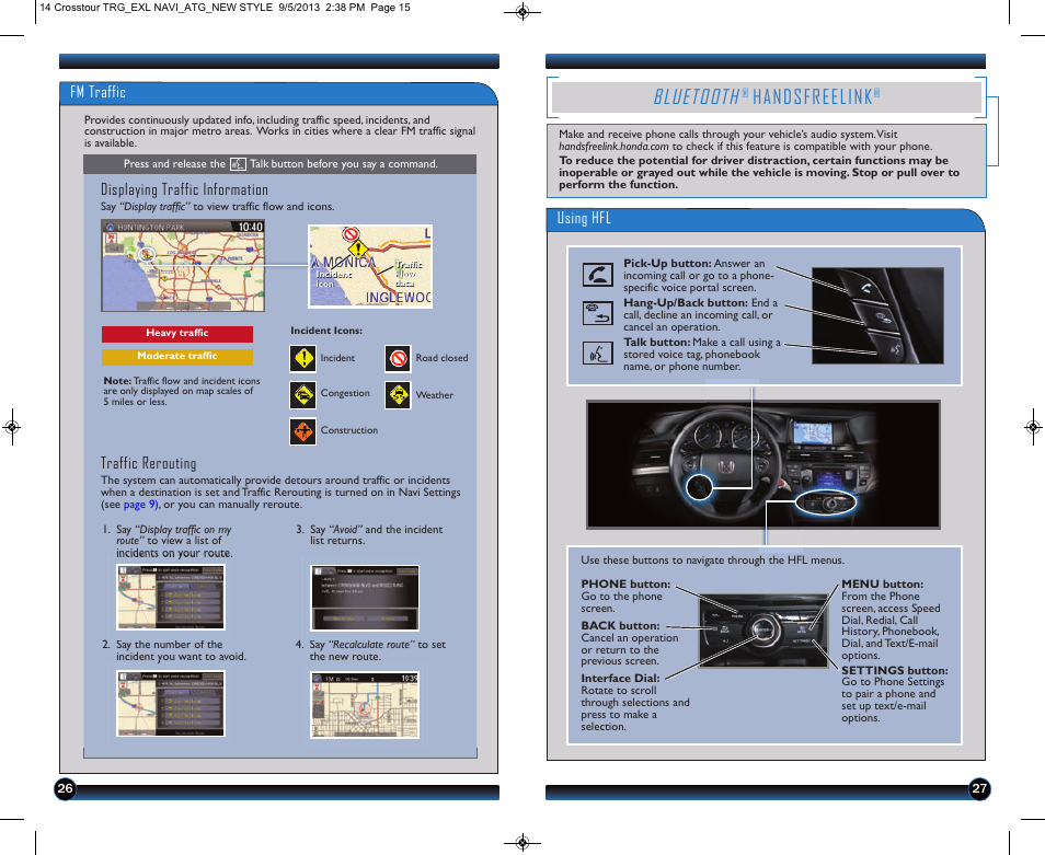 P.27, Bluetooth, Handsfreelink | Using hfl, Fm traffic displaying traffic information, Traffic rerouting | HONDA 2014 Crosstour (EX-L with Navigation) - Technology Reference Guide User Manual | Page 15 / 22