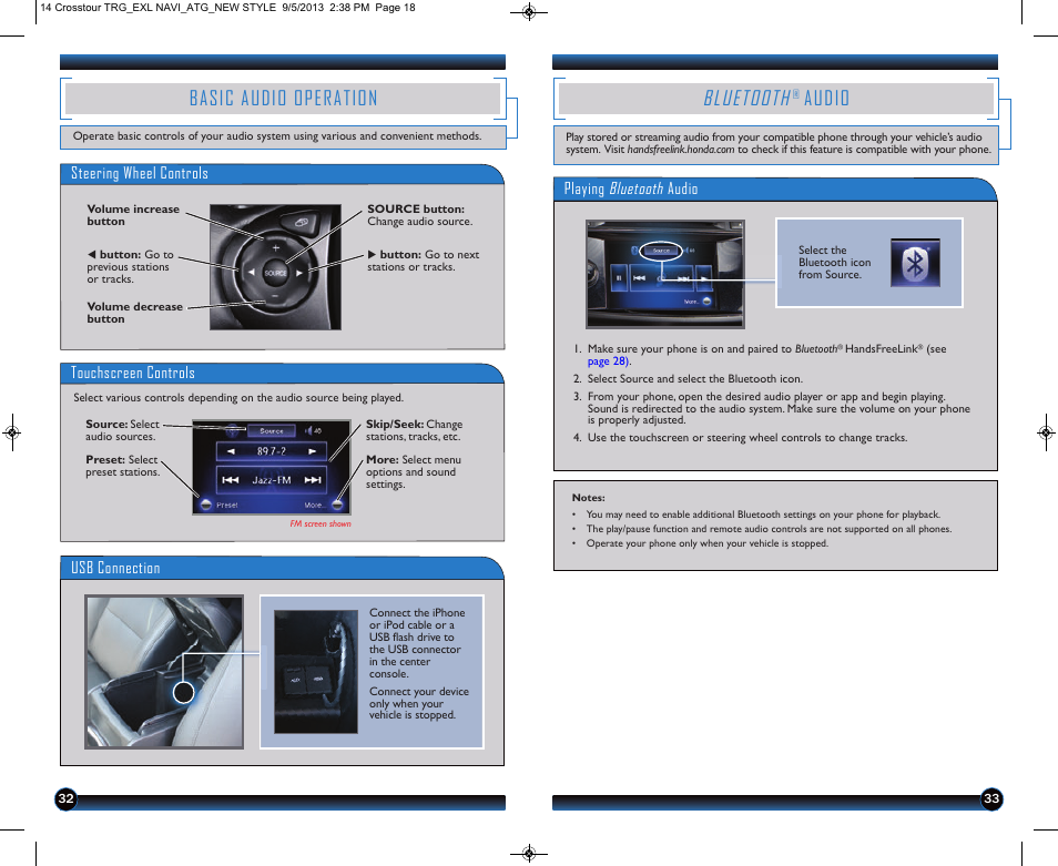 Basic audio operation, Bluetooth, Audio | Steering wheel controls, Touchscreen controls, Playing bluetooth audio, Usb connection | HONDA 2014 Crosstour (EX-L with Navigation) - Technology Reference Guide User Manual | Page 18 / 22