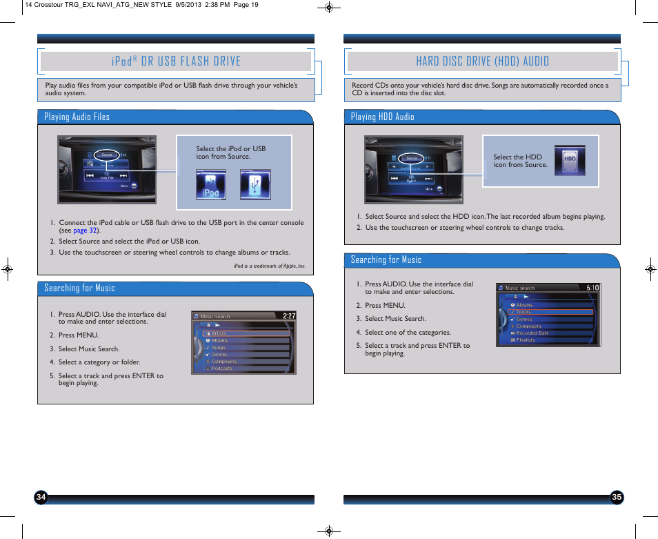 Hard disc drive (hdd) audio, Ipod, Or usb flash drive | HONDA 2014 Crosstour (EX-L with Navigation) - Technology Reference Guide User Manual | Page 19 / 22
