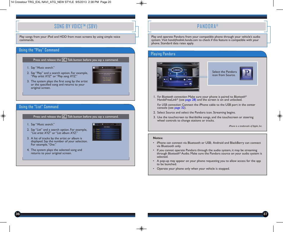 Song by voice, Sbv), Pandora | Using the “play” command, Using the “list” command, Playing pandora | HONDA 2014 Crosstour (EX-L with Navigation) - Technology Reference Guide User Manual | Page 20 / 22