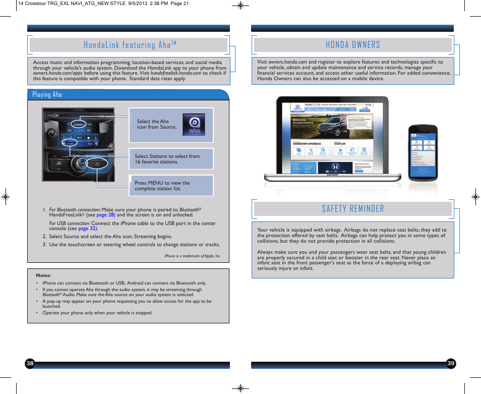 Hondalink featuring aha, Honda owners, Safety reminder | Playing aha | HONDA 2014 Crosstour (EX-L with Navigation) - Technology Reference Guide User Manual | Page 21 / 22