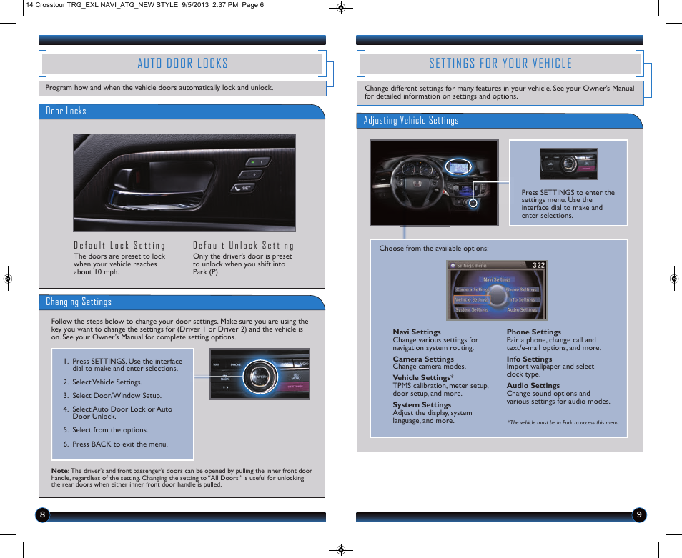 Auto door locks, Settings for your vehicle | HONDA 2014 Crosstour (EX-L with Navigation) - Technology Reference Guide User Manual | Page 6 / 22
