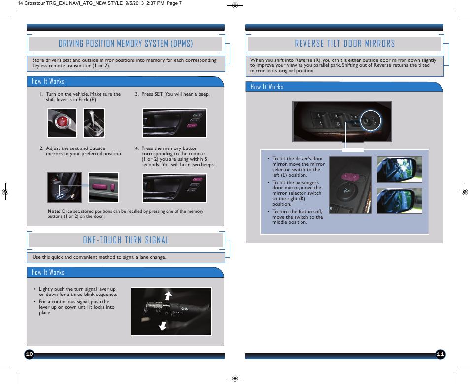 One-touch turn signal, Reverse tilt door mirrors | HONDA 2014 Crosstour (EX-L with Navigation) - Technology Reference Guide User Manual | Page 7 / 22