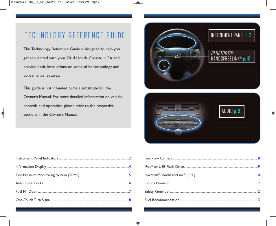 Technology reference guide, Bluetooth, Handsfreelink | P.10 instrument panel p.2 audio p.9 | HONDA 2014 Crosstour (EX) - Technology Reference Guide User Manual | Page 2 / 8