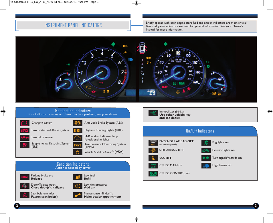 Instrument panel indicators, Malfunction indicators, On/off indicators condition indicators | HONDA 2014 Crosstour (EX) - Technology Reference Guide User Manual | Page 3 / 8