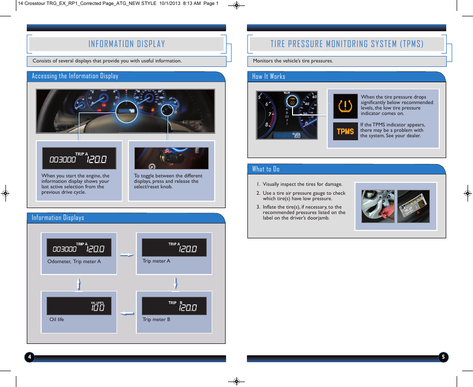 Information display, Tire pressure monitoring system (tpms) | HONDA 2014 Crosstour (EX) - Technology Reference Guide User Manual | Page 4 / 8