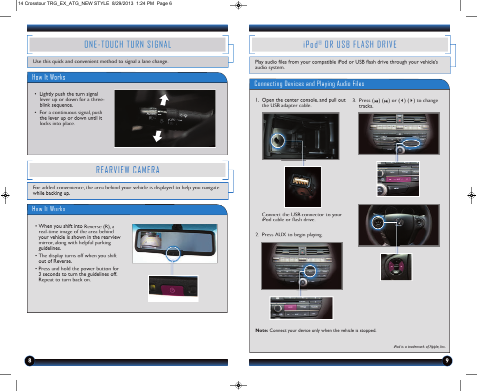 Rearview camera, One-touch turn signal, Ipod | Or usb flash drive | HONDA 2014 Crosstour (EX) - Technology Reference Guide User Manual | Page 6 / 8
