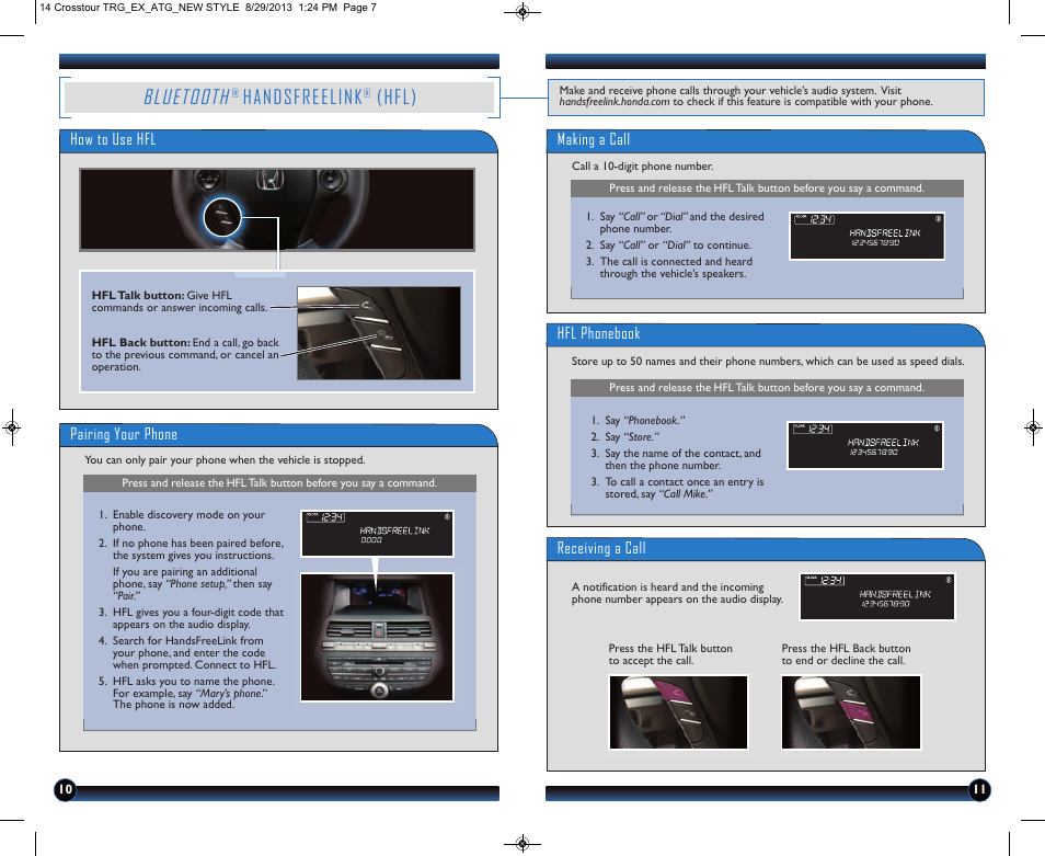 P.10, Bluetooth, Handsfreelink | Hfl) | HONDA 2014 Crosstour (EX) - Technology Reference Guide User Manual | Page 7 / 8