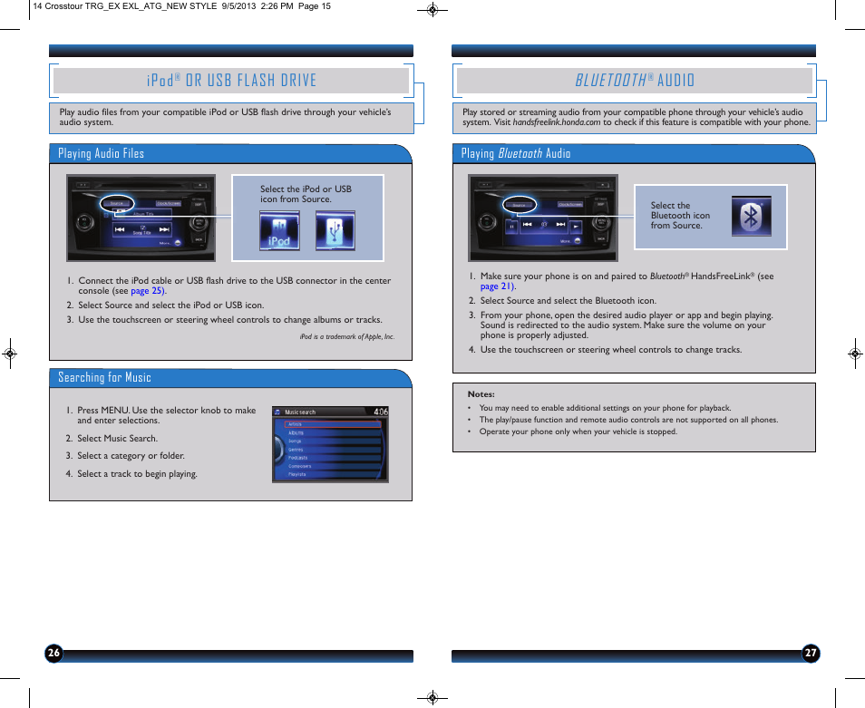 Bluetooth, Audio, Ipod | Or usb flash drive | HONDA 2014 Crosstour (EX & EX-L) - Technology Reference Guide User Manual | Page 15 / 17