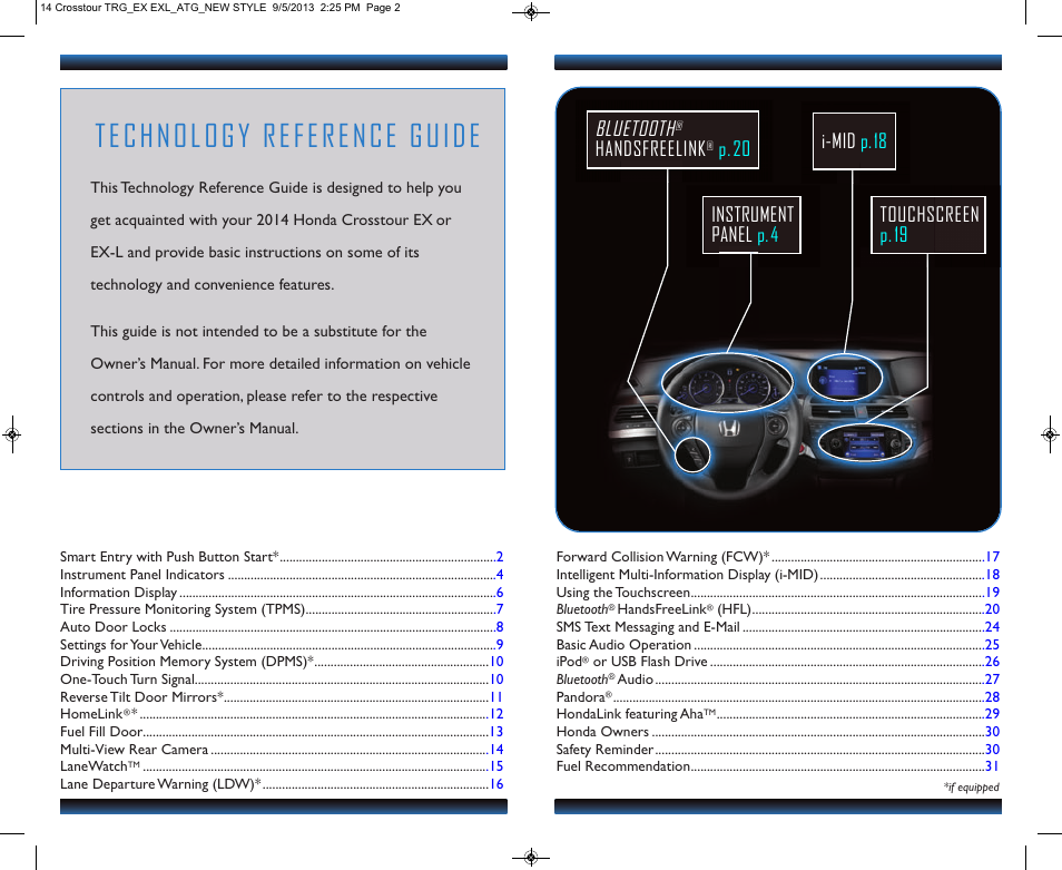 Technology reference guide, Touchscreen p.19 bluetooth, Handsfreelink | HONDA 2014 Crosstour (EX & EX-L) - Technology Reference Guide User Manual | Page 2 / 17