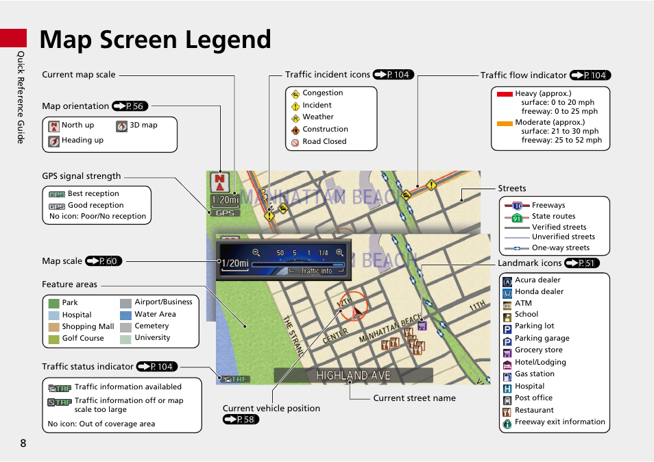 Map screen legend | HONDA 2014 Crosstour - Navigation Manual User Manual | Page 10 / 153