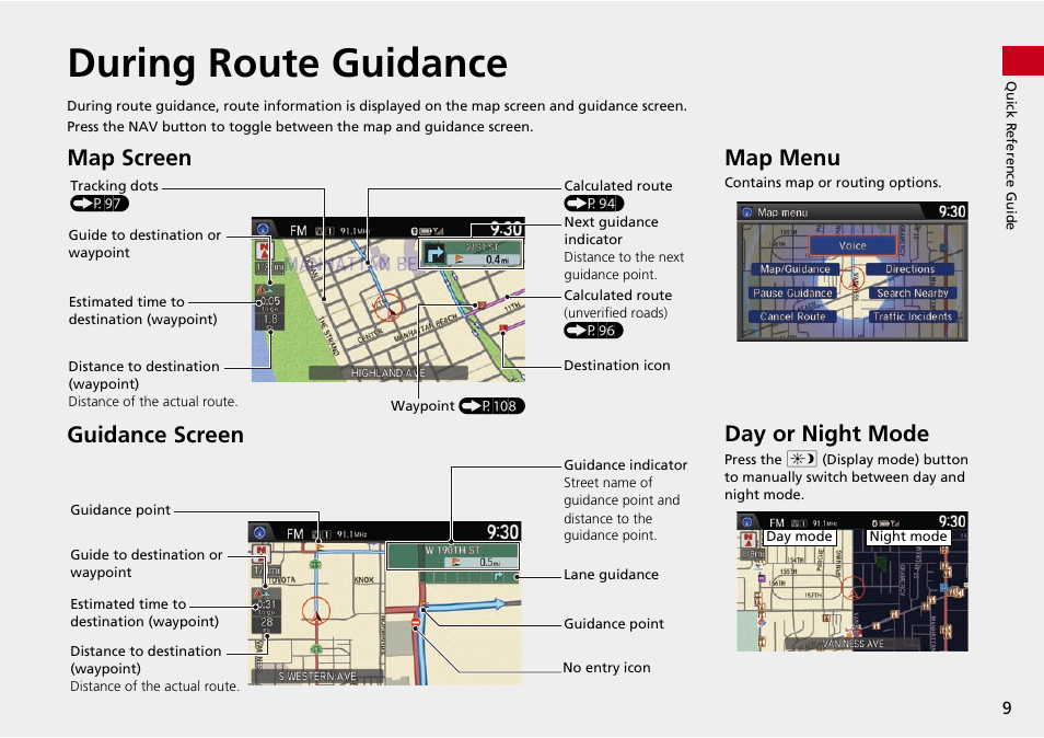 During route guidance, Map screen guidance screen, Map menu | Day or night mode | HONDA 2014 Crosstour - Navigation Manual User Manual | Page 11 / 153