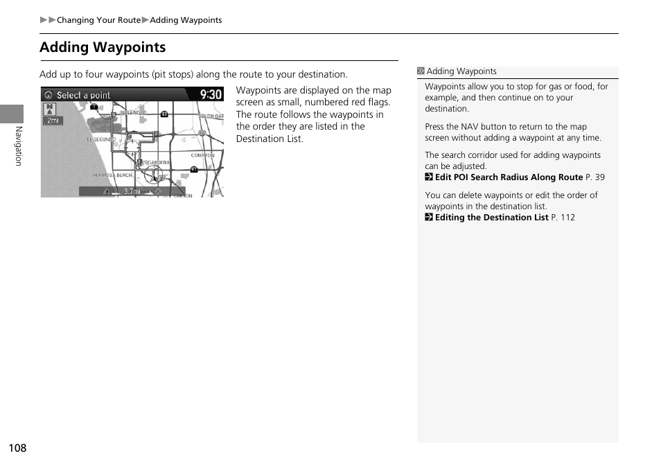 P108), Route, Adding waypoints | HONDA 2014 Crosstour - Navigation Manual User Manual | Page 110 / 153