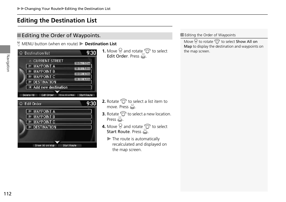 Editing the destination list, 2 editing the destination list, P. 112 | Ination. 2 editing the destination list p. 112 | HONDA 2014 Crosstour - Navigation Manual User Manual | Page 114 / 153