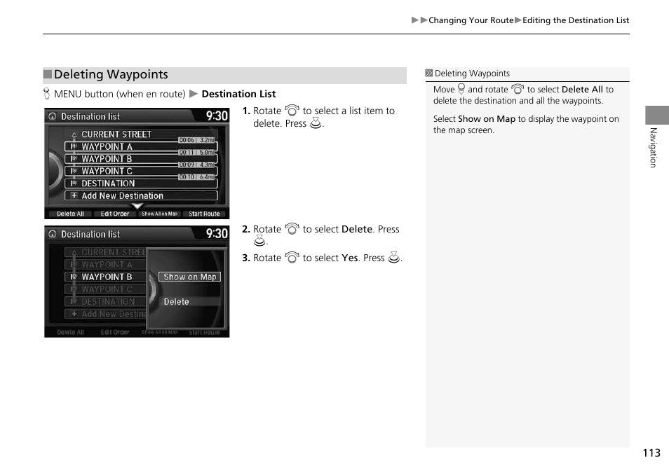 Deleting waypoints | HONDA 2014 Crosstour - Navigation Manual User Manual | Page 115 / 153