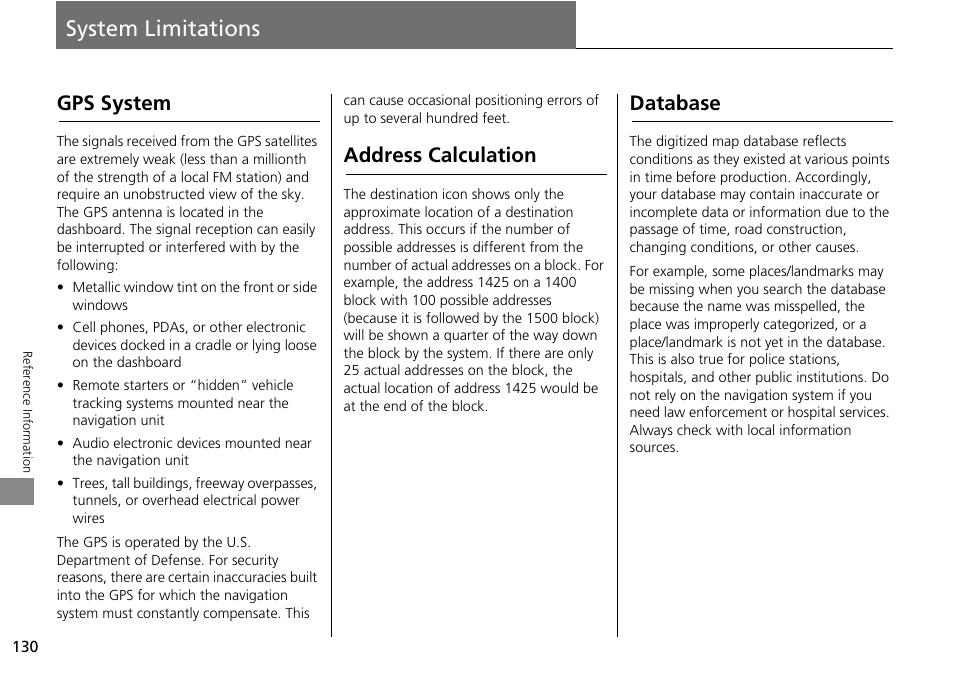 System limitations 130, 2 gps system, P. 130 | System limitations, Gps system address calculation database, Gps system, Address calculation, Database | HONDA 2014 Crosstour - Navigation Manual User Manual | Page 132 / 153