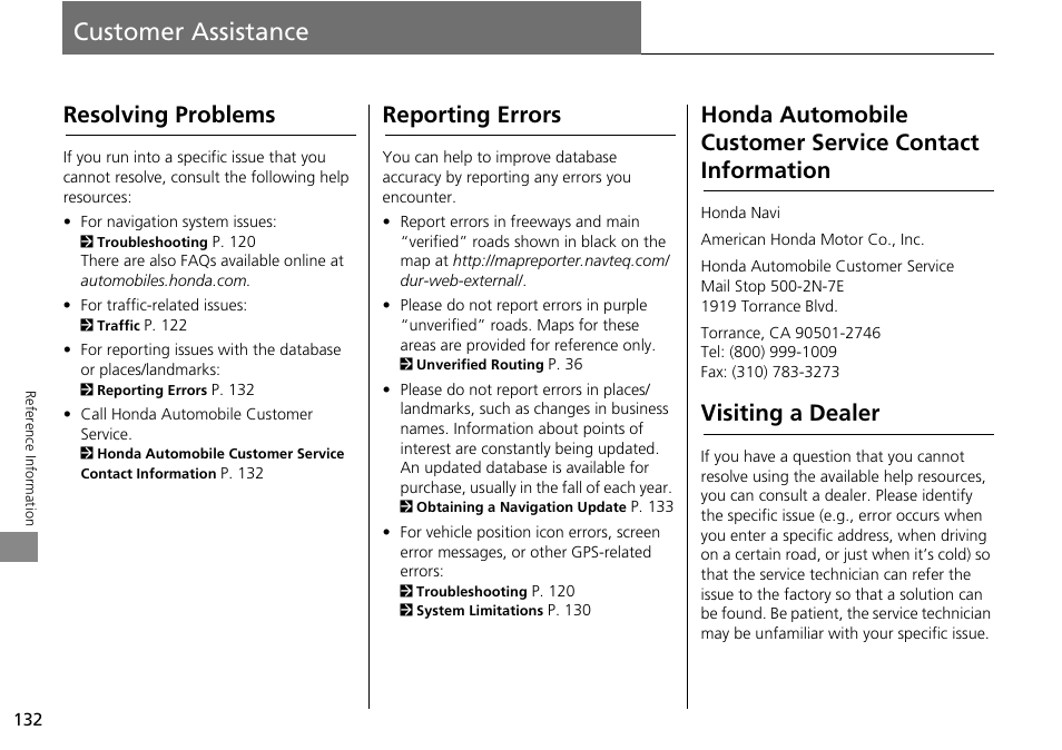 Customer assistance 132, To see if there is an outrage, P. 132 | 2 reporting errors, Customer assistance, Contact information, Visiting a dealer, Resolving problems, Reporting errors | HONDA 2014 Crosstour - Navigation Manual User Manual | Page 134 / 153