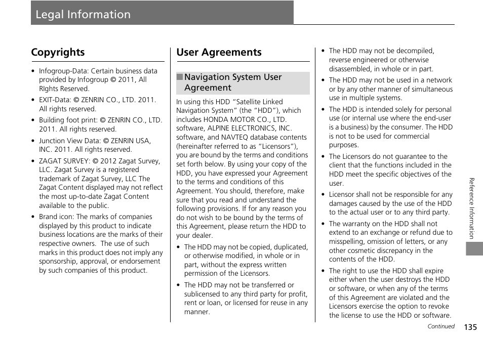 Legal information 135, Legal information, Copyrights user agreements | Copyrights, User agreements | HONDA 2014 Crosstour - Navigation Manual User Manual | Page 137 / 153