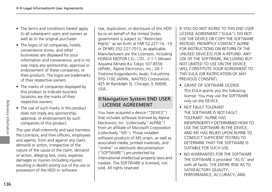 Navigation system end user license agreement | HONDA 2014 Crosstour - Navigation Manual User Manual | Page 138 / 153