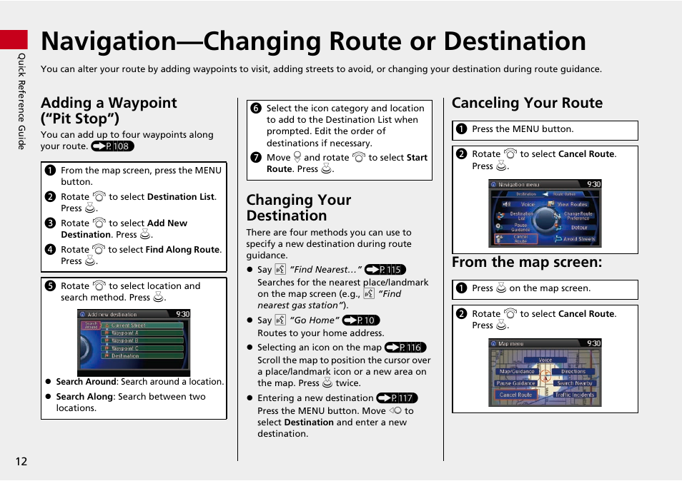 Navigation—changing route or destination, Adding a waypoint (“pit stop”), Changing your destination | Canceling your route from the map screen | HONDA 2014 Crosstour - Navigation Manual User Manual | Page 14 / 153