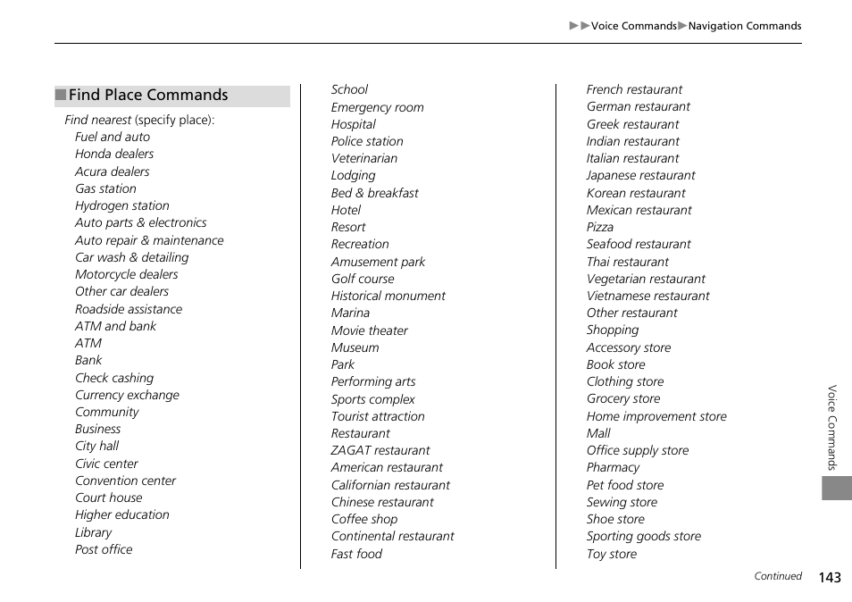 Find place commands | HONDA 2014 Crosstour - Navigation Manual User Manual | Page 145 / 153