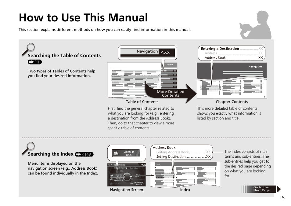 How to use this manual | HONDA 2014 Crosstour - Navigation Manual User Manual | Page 17 / 153