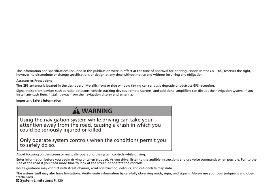 Warning | HONDA 2014 Crosstour - Navigation Manual User Manual | Page 2 / 153