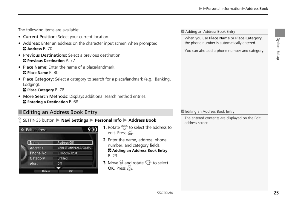 Editing an address book entry | HONDA 2014 Crosstour - Navigation Manual User Manual | Page 27 / 153
